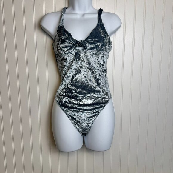Aerie silvery blue velvet bodysuit keyhole front twist size medium P20 - Picture 1 of 6